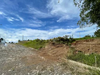 Vista externa mostrando uma estrada de terra e vegetação em uma área aberta.