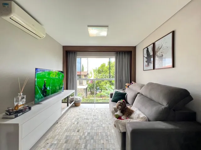 Sala de estar com sofá e televisão voltada para a janela.