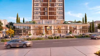 Renderização da fachada de um edifício residencial moderno em Lajeado, Brasil.
