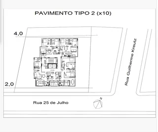 Desenho de planta baixa mostrando o layout de apartamentos na Rua Guilherme Kreutz.