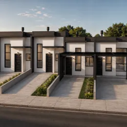Fachada externa de uma casa moderna com revestimento branco e detalhes escuros em Lajeado, Brasil.