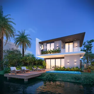 Fachada de uma casa moderna em Lajeado com piscina e jardim.