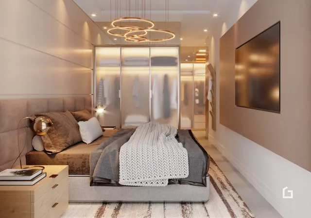 Quarto com cama e painel de vidro em ambiente interno.