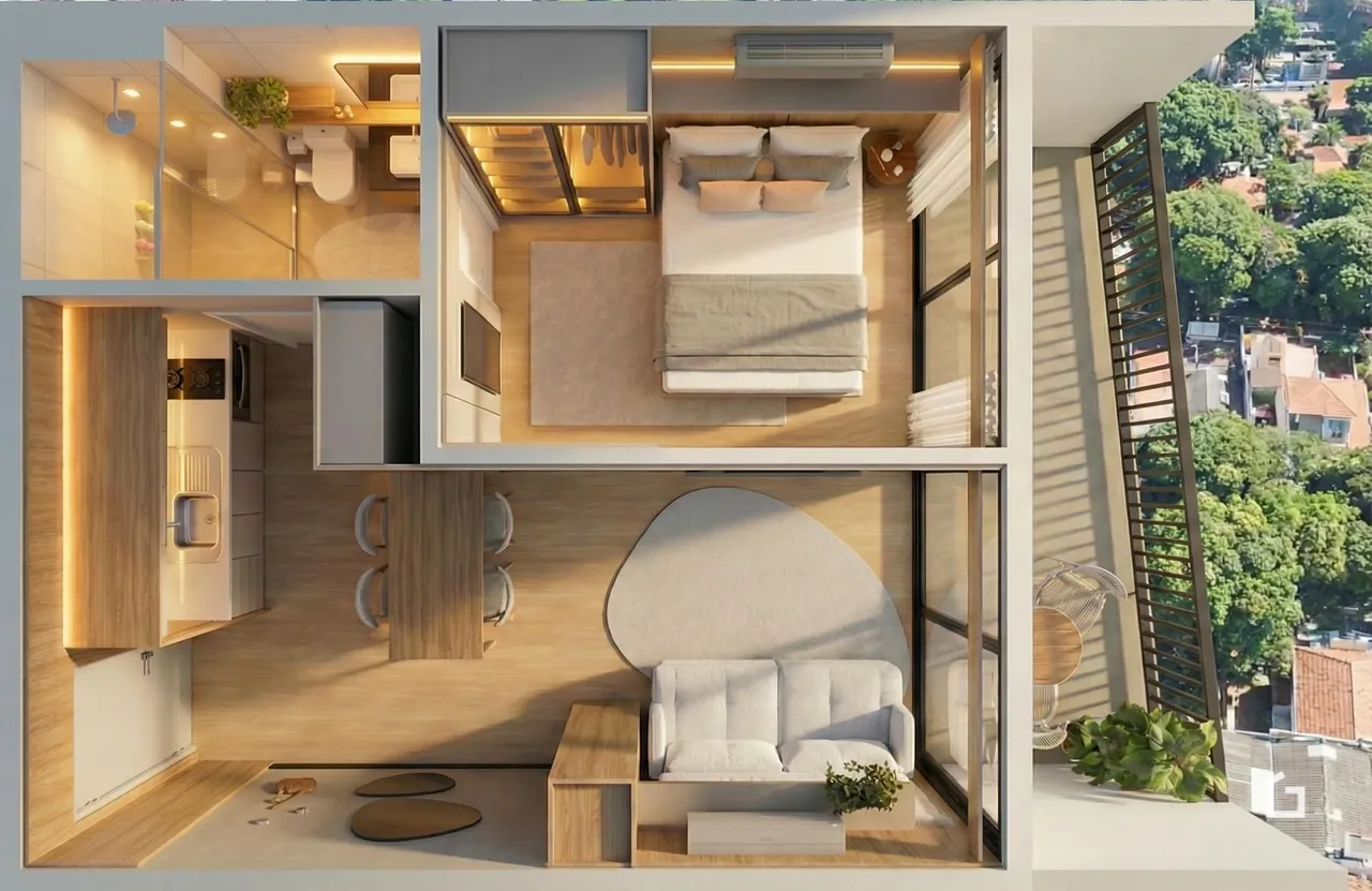 Vista interna de um apartamento moderno com cozinha e varanda em Lajeado.