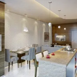Uma sala de jantar com mesa e cadeiras é visível na foto.