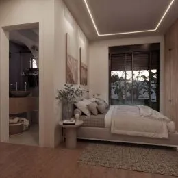 Quarto com cama e janela de grande abertura.