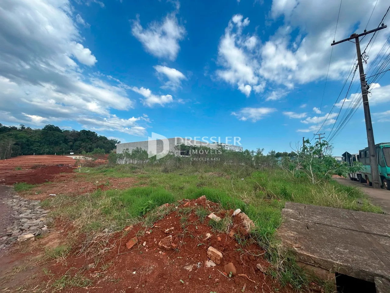 Paisagem de terra vermelha e vegetação sob um céu azul.