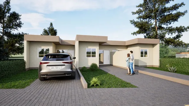 Fachada externa de uma casa moderna com garagem e paisagismo em Lajeado, Brasil.