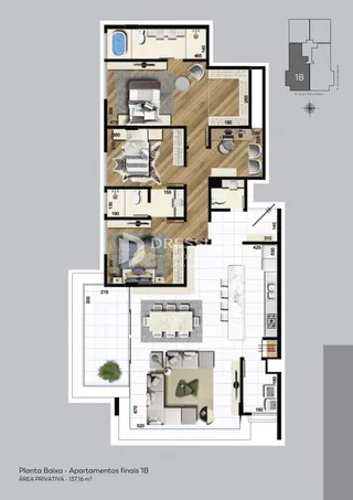 Planta baixa de um apartamento final 1B em Lajeado.