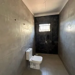Foto de um banheiro simples com vaso sanitário e paredes de alvenaria.