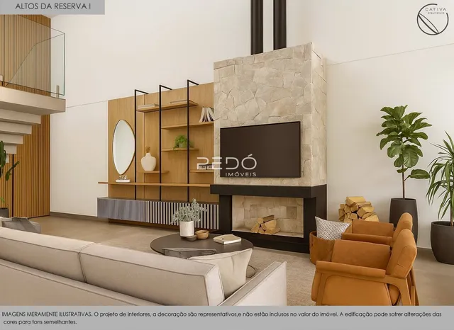 Sala de estar moderna com decoração de madeira e lareira.