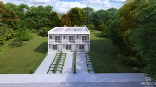 Fachada de uma casa branca moderna com jardim verde e paisagem arborizada.
