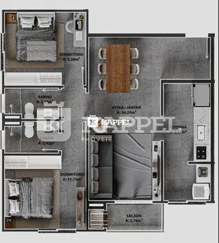Planta baixa de um apartamento mostrando a disposição dos cômodos.