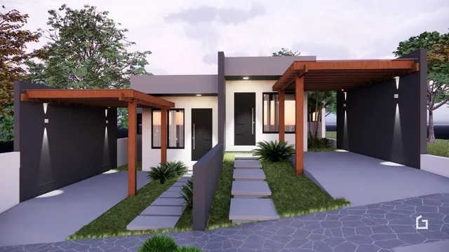 Fachada de uma residência moderna com estrutura de madeira em Lajeado.