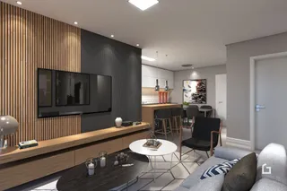 Sala de estar com painel de madeira e televisão montada na parede.