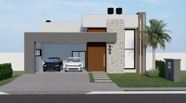 Fachada de uma casa moderna com garagem e paisagismo.