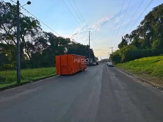 Uma estrada asfaltada com um contêiner laranja está entre árvores