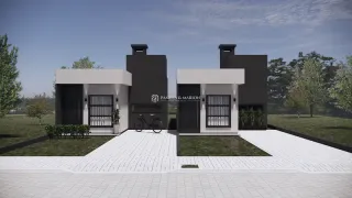 Fachada de uma casa moderna com paredes brancas e detalhes escuros em Lajeado, Brasil.