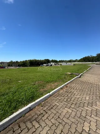 Vista de um campo gramado com um caminho de tijolos sob um céu azul.