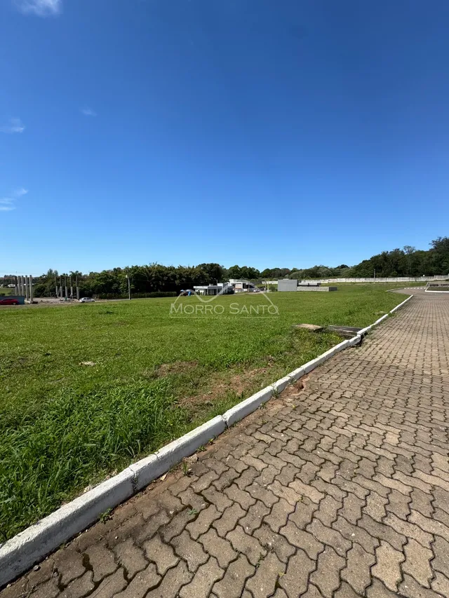 Vista de um campo gramado com um caminho de tijolos sob um céu azul.
