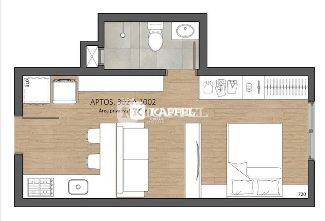 Planta baixa de um apartamento mostrando a disposição dos cômodos.