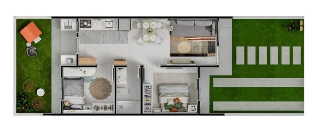 Planta baixa de um imóvel residencial mostrando a disposição dos cômodos.