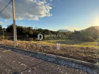 Vista da propriedade com vegetação e estrada no fundo.
