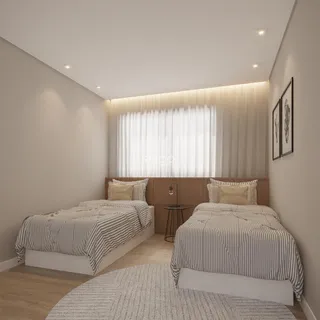 Quarto com duas camas e decoração moderna em madeira.