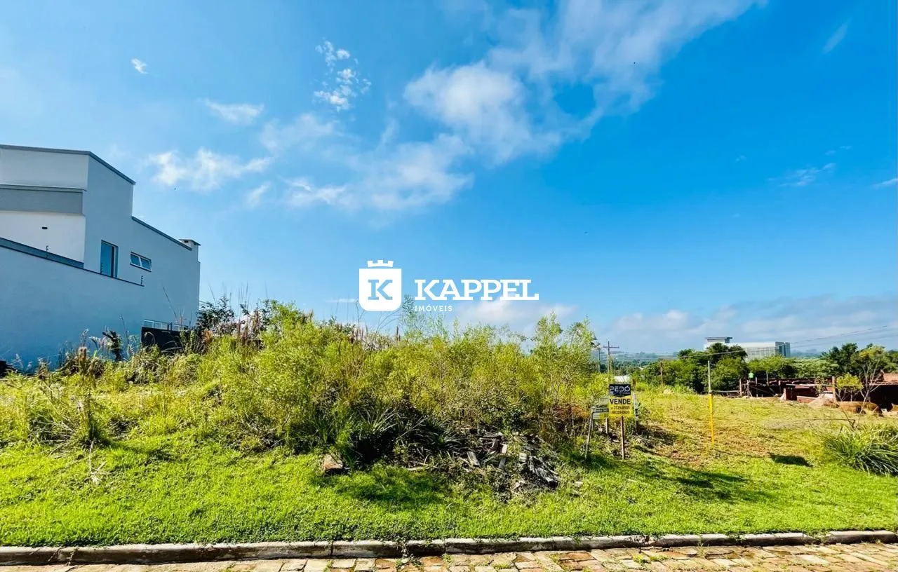 Vista externa de uma propriedade com vegetação alta e um edifício branco ao fundo.