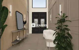 Hall de entrada com paredes claras e painéis de madeira.