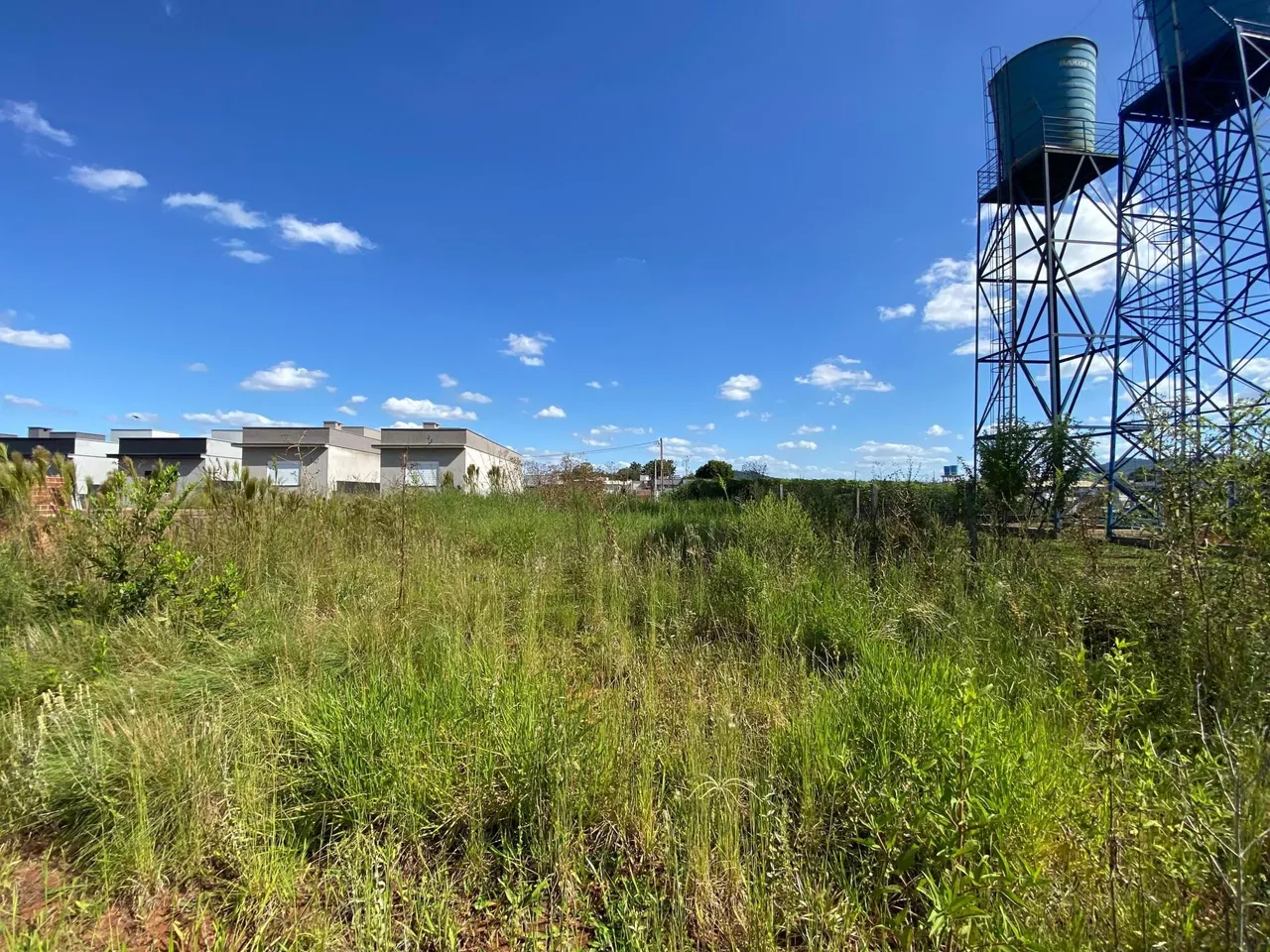 Vista externa de um terreno com vegetação alta e estruturas industriais ao fundo.