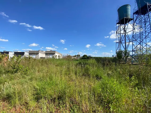 Vista externa de um terreno com vegetação alta e estruturas industriais ao fundo.