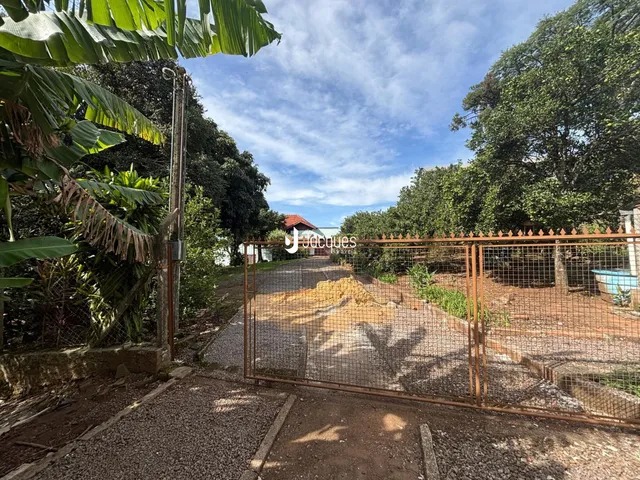 Vista externa da propriedade com cerca e vegetação no quintal.