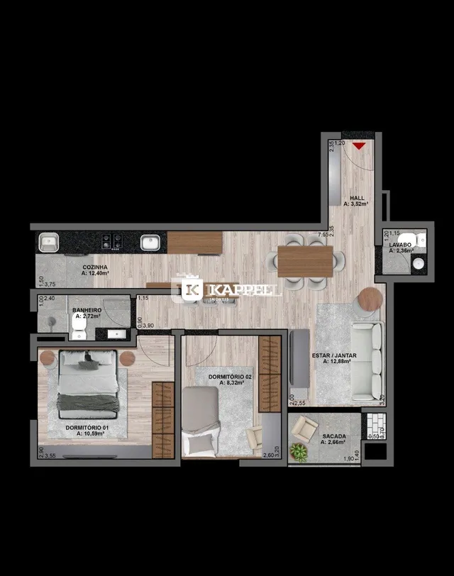 Planta baixa de um apartamento mostrando a disposição dos cômodos.
