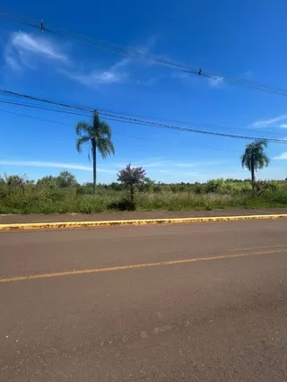 Vista externa de uma rua com vegetação e céu azul.