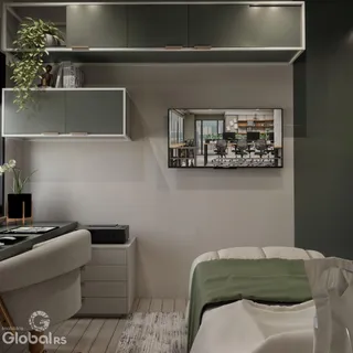 Ambiente interno com estantes e cama em um apartamento no Brasil.