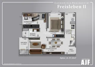 Planta baixa de um apartamento no condomínio residencial Freisleben II.