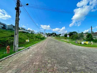 Uma rua pavimentada se estende por uma área verde no entorno da propriedade.
