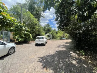 Vista da entrada de uma propriedade em Lajeado, Brasil, com vegetação densa ao redor.