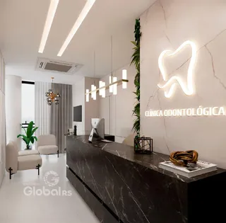 Interior de uma clínica odontológica moderna com recepção em mármore.
