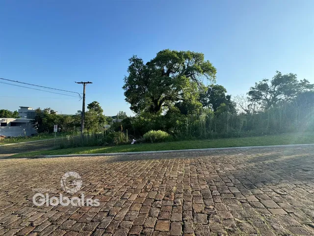 Vista externa de uma propriedade com gramado e árvores.