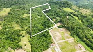 Vista aérea de um terreno rural com vegetação densa e áreas abertas.