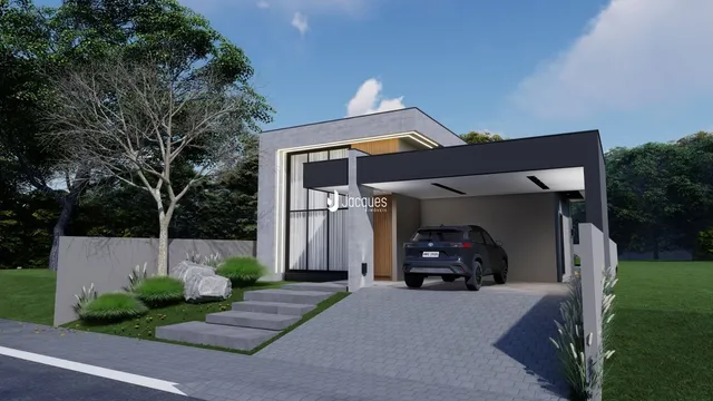 Fachada moderna de uma residência em Lajeado, Brasil, com área de garagem coberta.