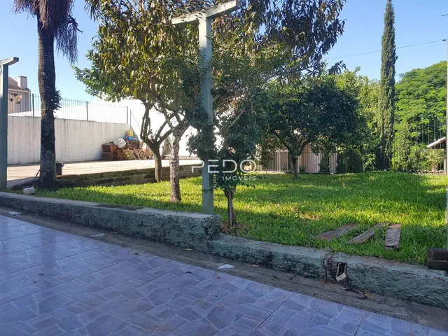 Vista externa do terreno com gramado e vegetação ao lado de uma calçada.
