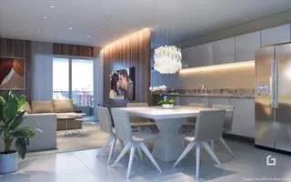 Ambiente interno moderno com sala de jantar e cozinha.