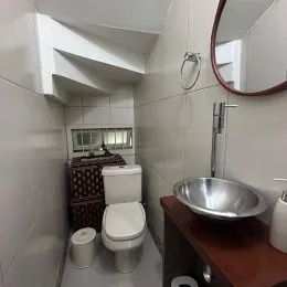Foto de um banheiro com vaso sanitário e pia.