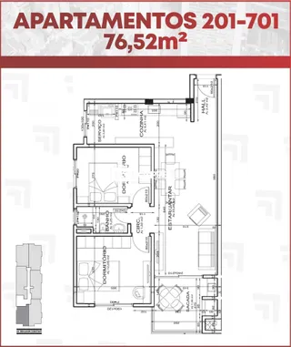 Planta baixa de um apartamento de 76,52m² com distribuição de cômodos em Lajeado, Brasil.
