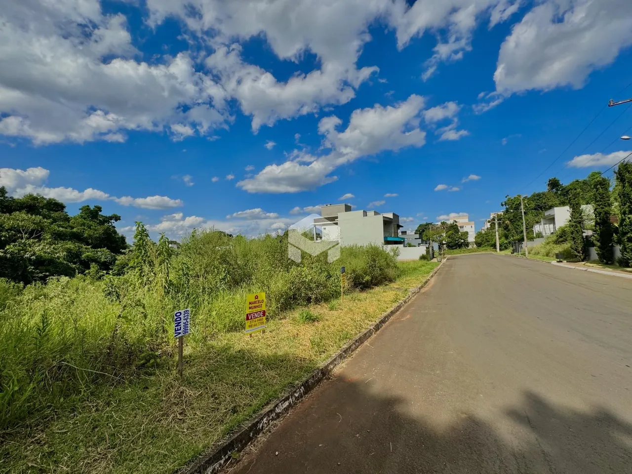 Vista da propriedade ao longo de uma estrada com vegetação densa.