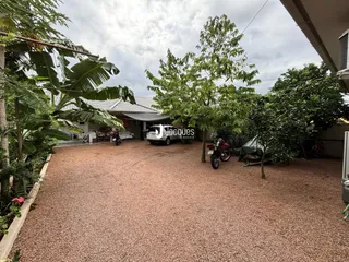 Vista externa de uma propriedade com vegetação densa e área de acesso em cascalho.