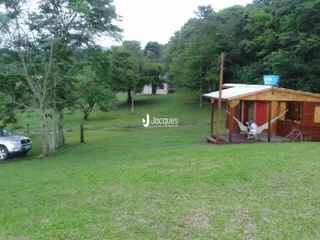 Vista externa de um gramado com árvores e uma estrutura de madeira no fundo.
